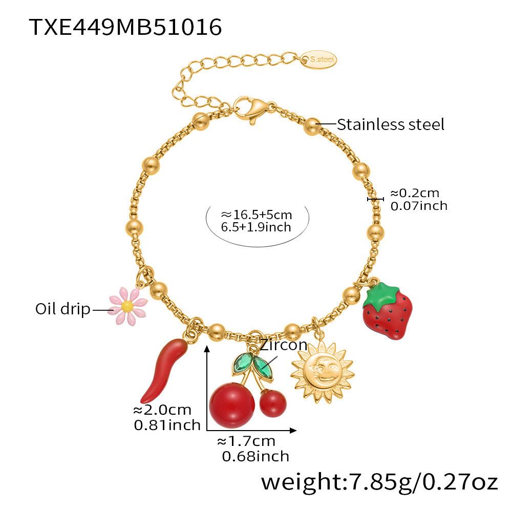 Qiong Yao 18k Gold Plated Cherry & Daisy Bracelet-Necklace Set, Versatile European & American Style Stainless Steel Jewelry