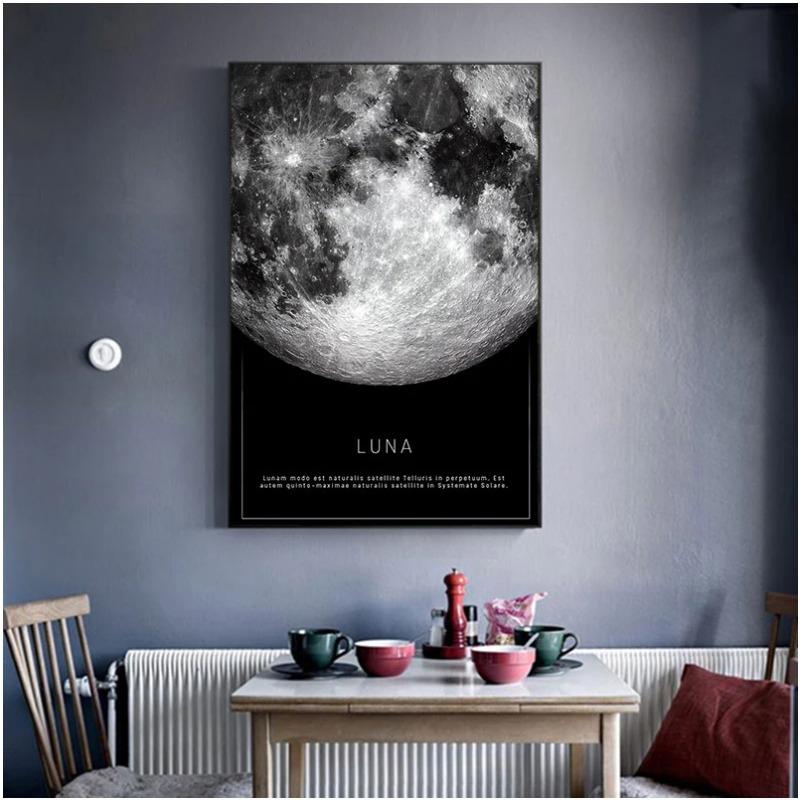 Canvas Painting Black and white poster of the moon Earth seen from space living room decoration wall Scandinavian painting