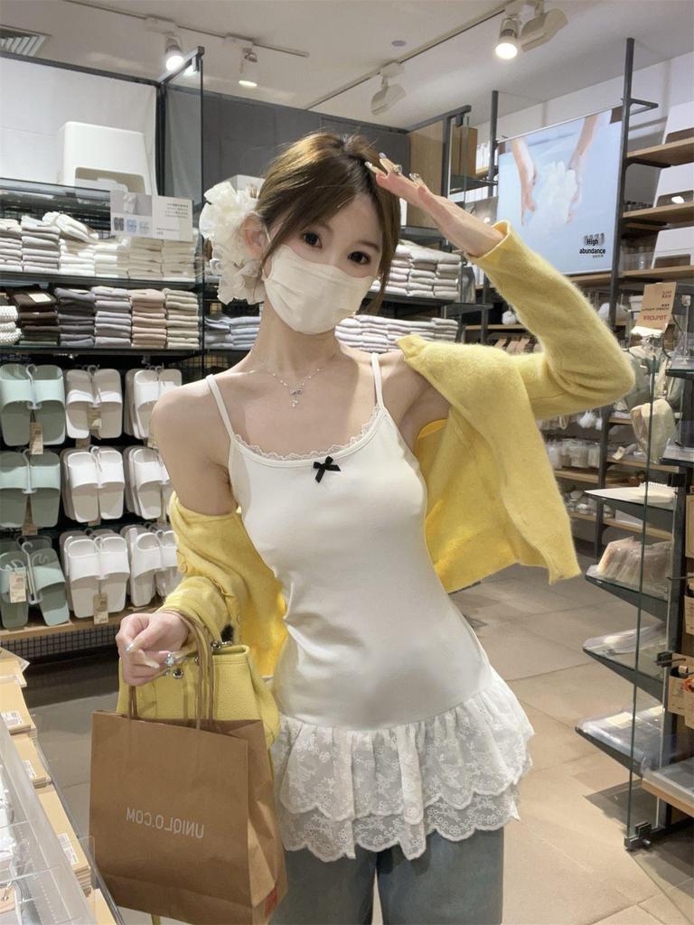 Ballet-Style White Lace Bow Camisole for Women - Spring/Summer 2025 Sleeveless Top