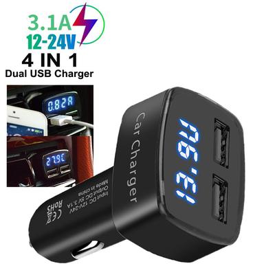 4-in-1-Dual-USB-Autoladegerät, 3,1 A, 5 V, Schnelladapter, Steckdose, Digitalanzeige, Spannung, Temperatur