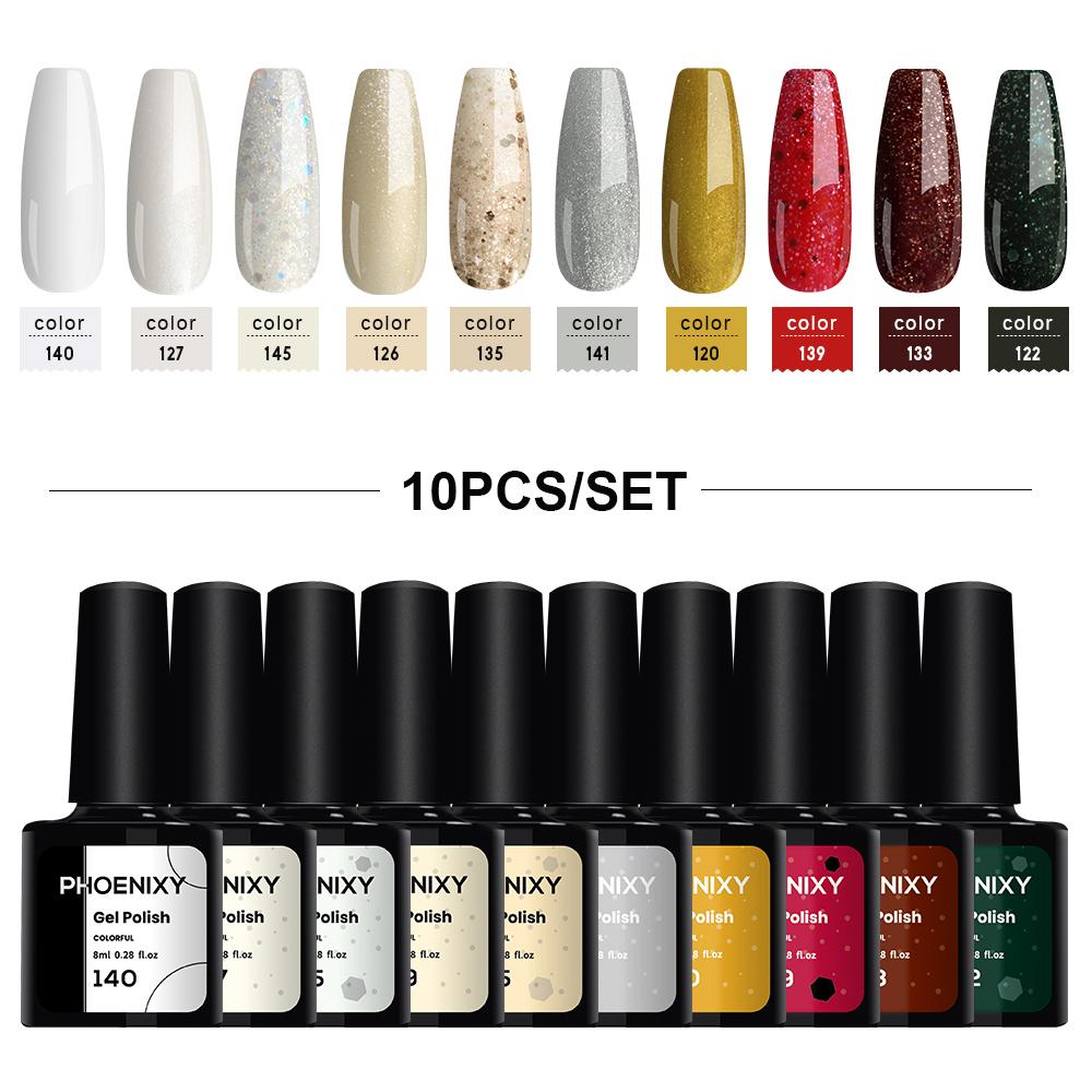 PHOENIXY 10Pcs/Set Mutilcolor Gel Polish Set Glitter Semi-Permanent UV Gel Nail Polish Hybrid Varnish Nail Gel For Nails Manciure Design