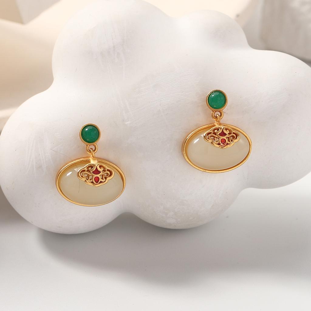 New Chinese imitation Hetian jade enamel color earrings women's senior temperament oval niche stud earrings retro earrings