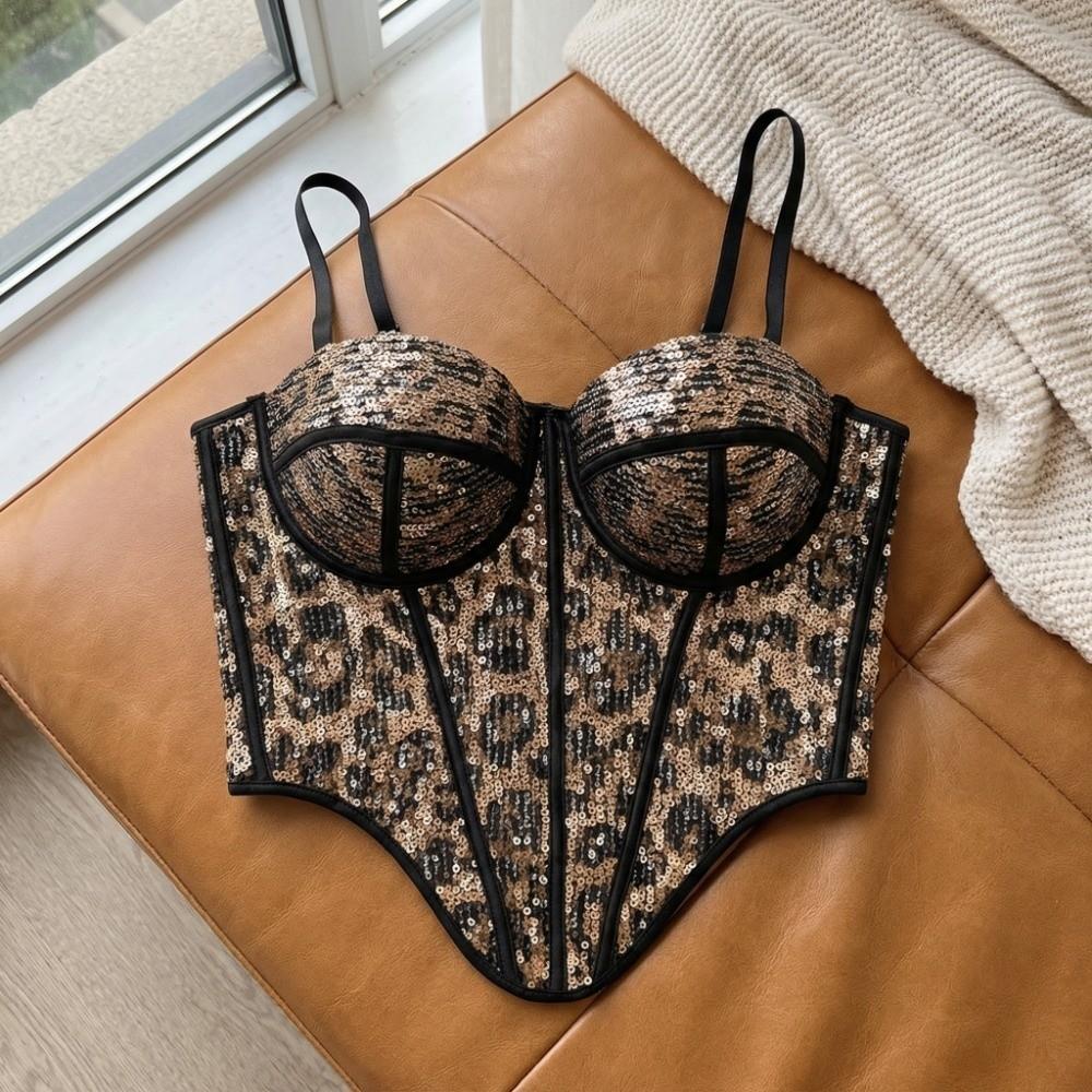 Slim Fit Sequin Leopard Corset with Buckle Crop Tops Fashion Suspender Vest Ladies