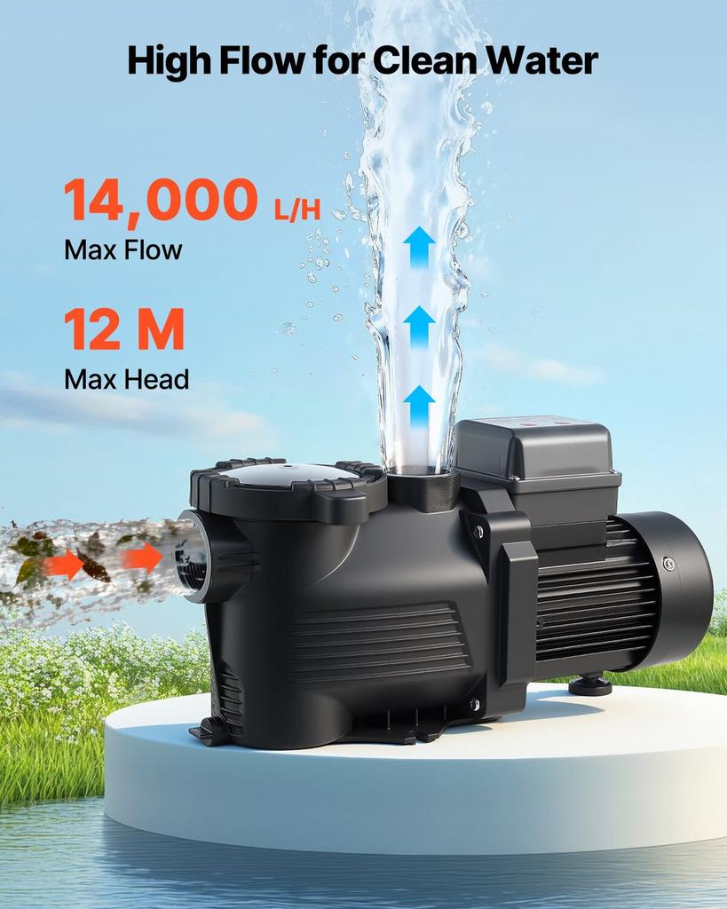 Zwembadpomp, 550W, 14.000 L/U Maximaal Debiet Enkele Snelheid Zwembadpomp, AC 220-240V, 3450 RPM, 12 m Maximale Opvoerhoogte, met 24-Uurs Timer & Filtermand, voor