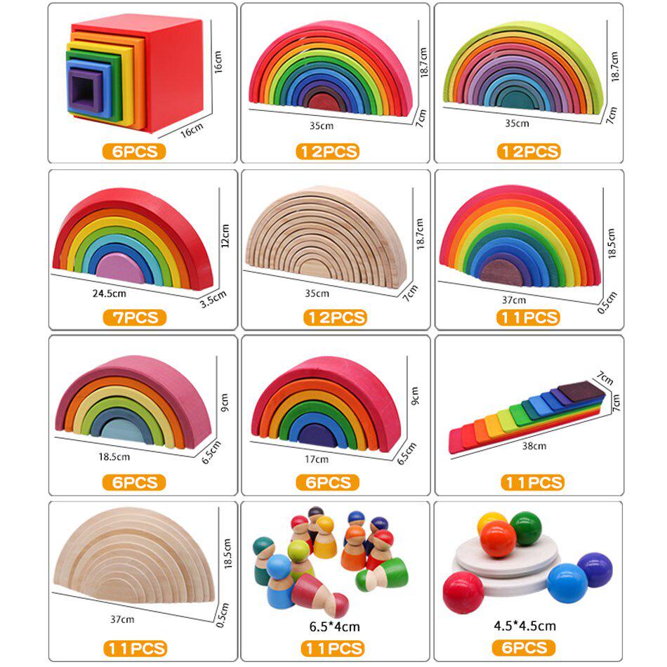 DIY Rainbow Blocks Baby Wooden Toys Large Size Rainbow Stacker Creative Building Blocks Montessori Educational Toys Wooden Toy