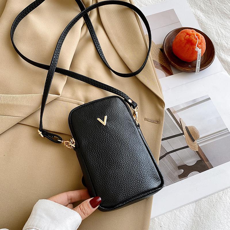 New Women Purses Solid Color Genuine Leather Shoulder Strap Bag Mobile Phone Bag Card Holders Wallet Black Cowhide Handbag