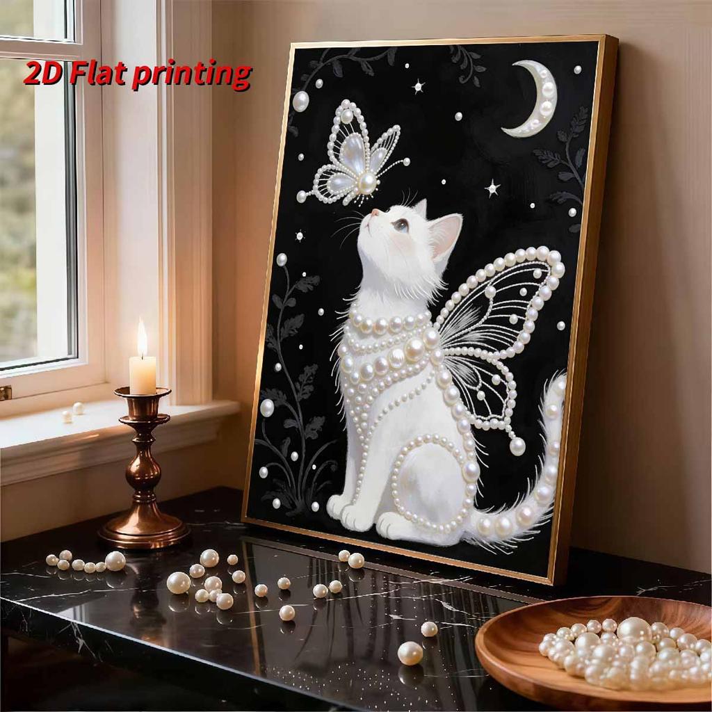 DIY White Cat Pearl Art Painting for Adults/Beginners Gift Home Decor Pearl Gem Paintings Picture Arts Craft 30x40cm Without Frame