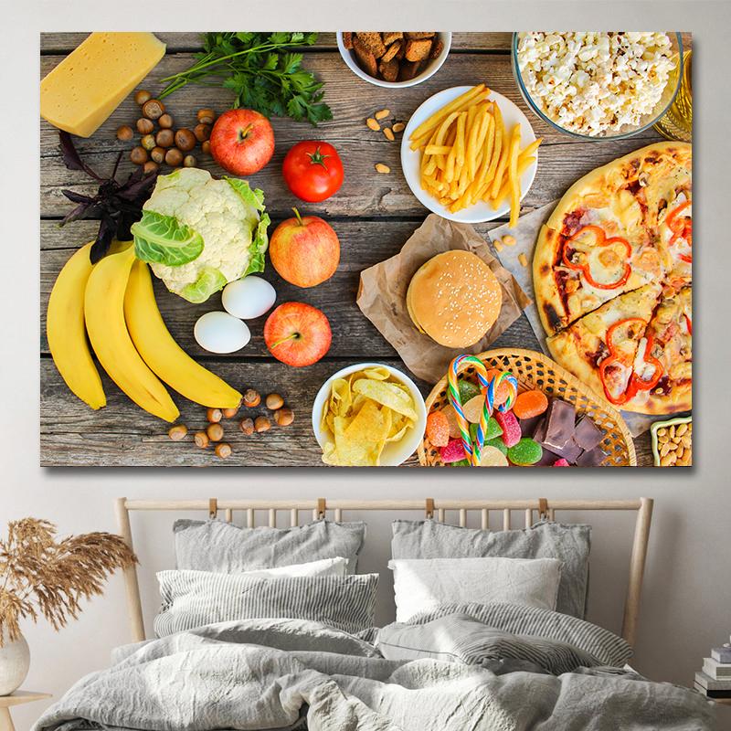 Amerikanischer Stil Fast-Food-Bilder, Leinwandgemälde, Hamburger, Pommes, Hot Dog, Poster und Drucke für Wohnzimmer, Küche, Wanddekoration