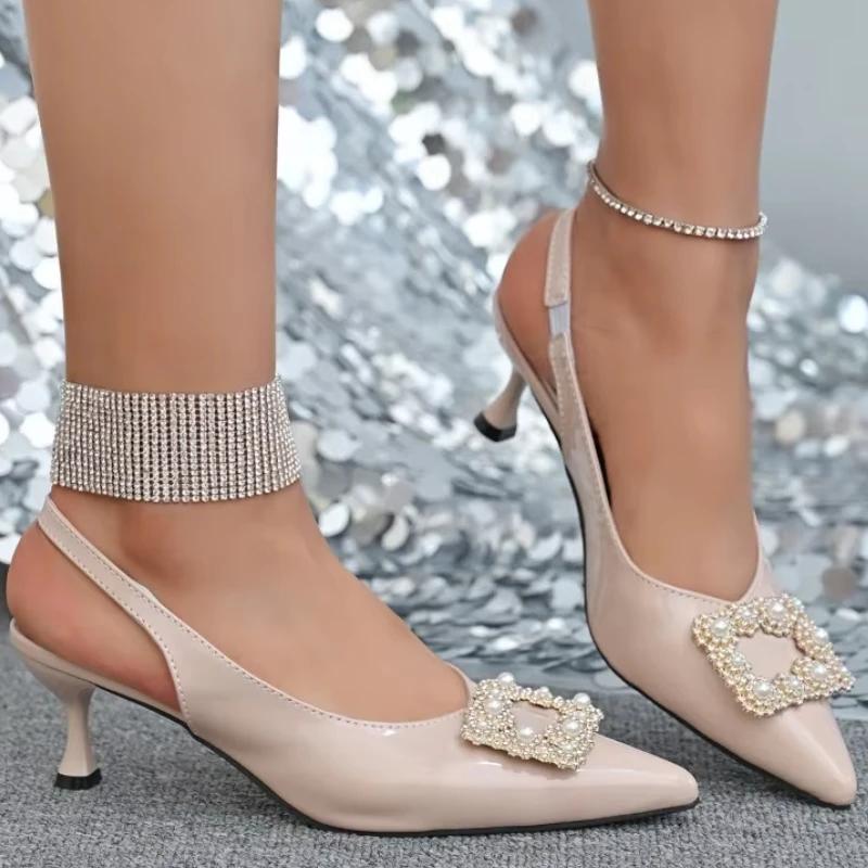 Dámská módní obuv 2025 Slingbacks Dámské vysoké podpatky Nadměrná velikost Společenské lodičky Dámské Čtvercové zapínání Špičatá špička Tenké podpatky Nazouvací sandály