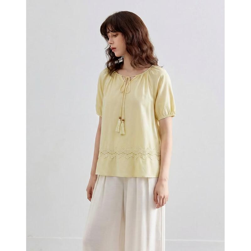 Demana Women s Pure Cotton Lace Ruffled Tassel Tie Blouse M