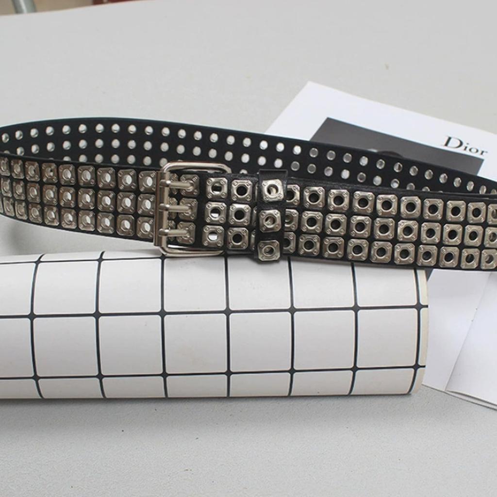Lamerry Black 3-Row Studded Belt, Eyelet and Rivet Design, Approx. 110 cm, Unisex Y2K Style