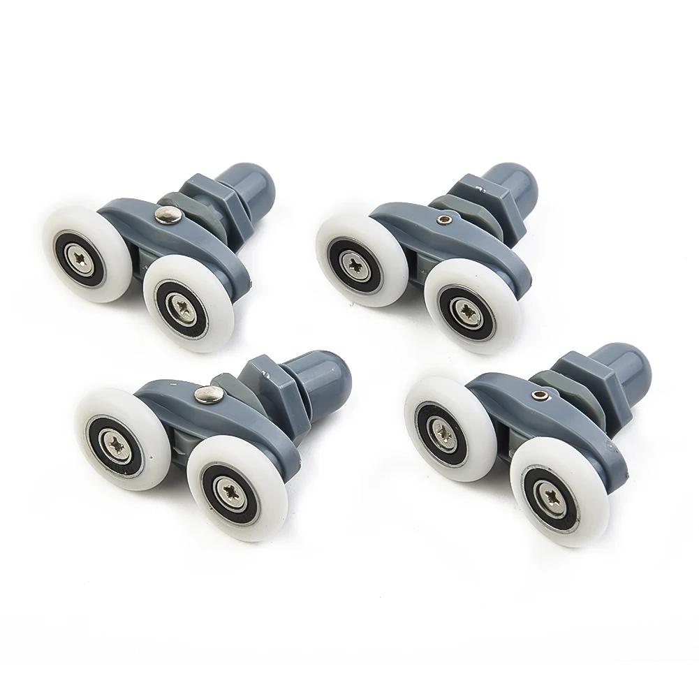 4 Twin Shower Door Rollers for Bottom Track Sliders Compatible with 19mm to 27mm Wheel Diameter and 4mm to 6mm Glass Thickness