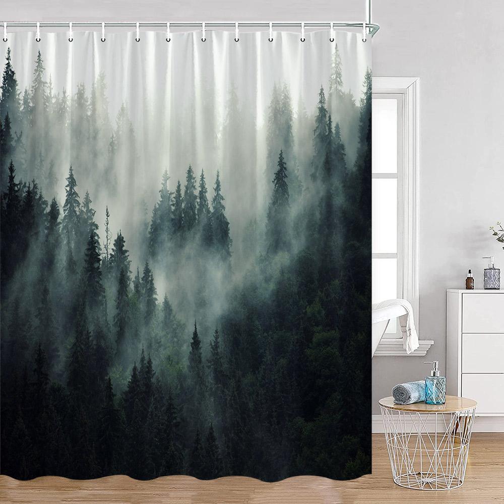 Misty Pine Forest Shower Curtains Rustic Nature Forest Green Pine Trees Fantasy Woodland Bath Curtain Modern Home Decor for Bath