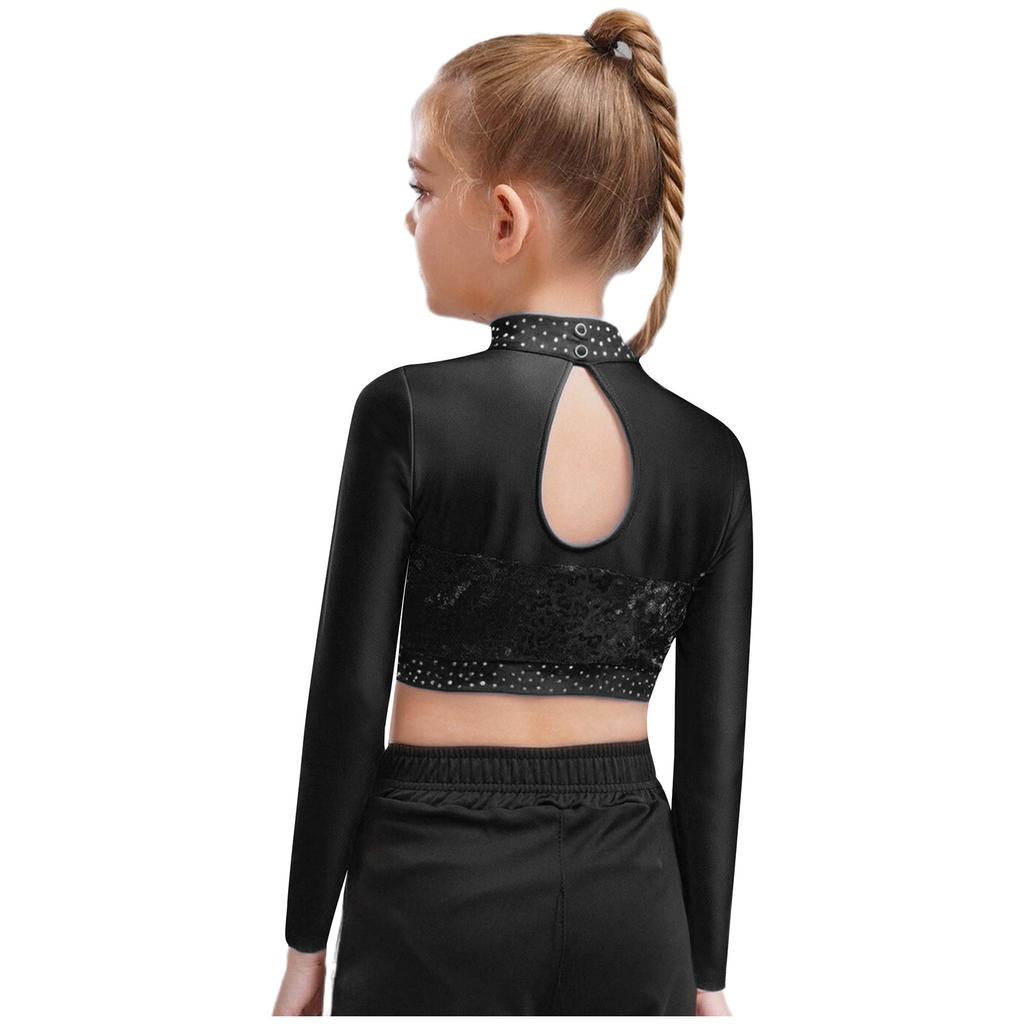 Dziewczęcy Crop Top do Tańca Jazzowego z Wysokim Dekoltem i Długim Rękawem, Przezroczysta Siateczka, Patchwork, Błyszczące Płatki, Kostium na Występ