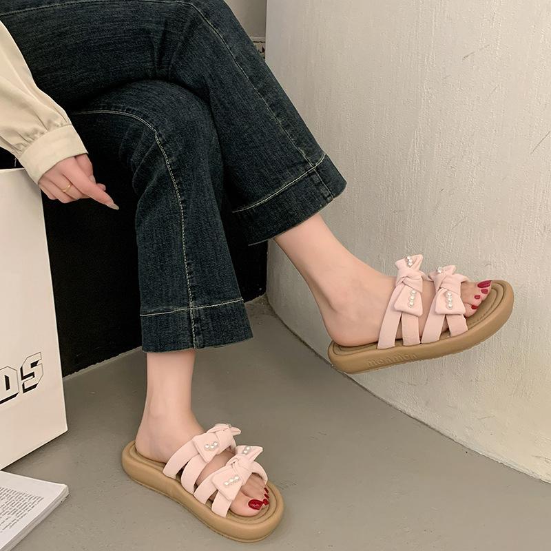 Thick-bottomed Bow Slippers Women's Summer Outer Wear New Versatile Skirt Casual Beach One-word Drag