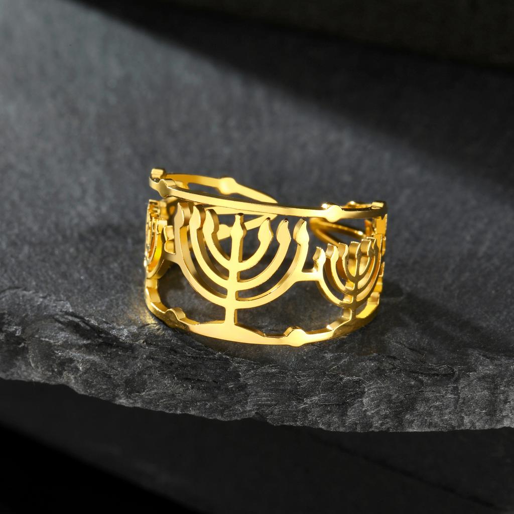 Lucktune Judaism Menorah Rings for Women Stainless Steel Star of David Candle Holder Open Rings Hanukkah Chanukah Jewelry Gifts