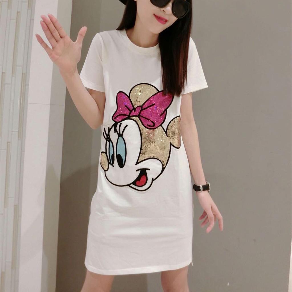 

Summer New Loose Large Size Cartoon Sequins Short-sleeved T-shirt Dress Female M белый