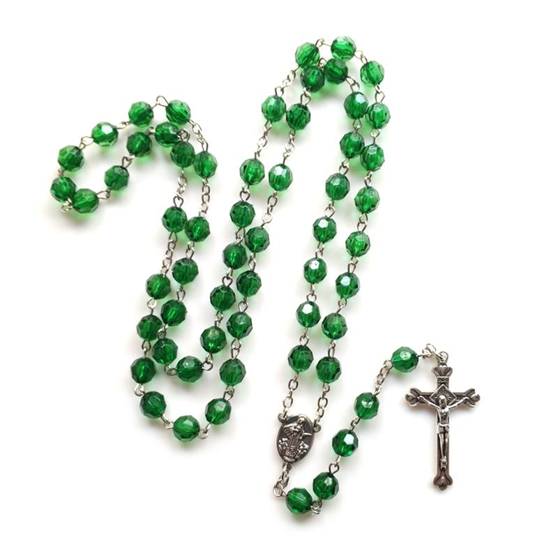 10mm Acrylic Bead Rosary Necklace Vintage Weave Catholic Religious Cross Jesus Pendant Necklaces for Men Women Jewelry Charm