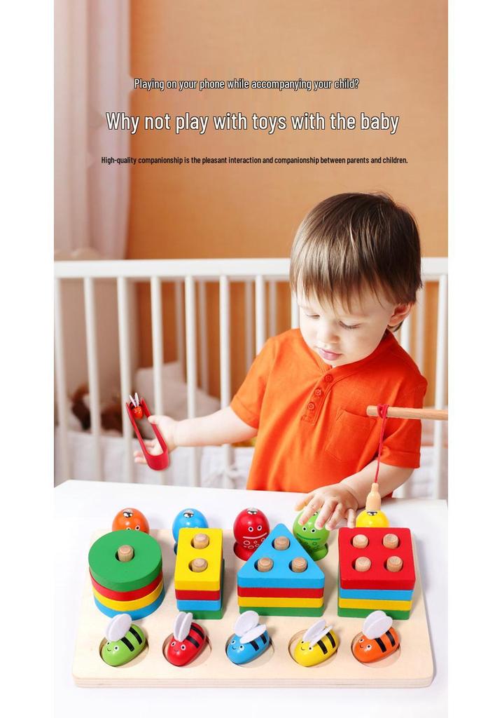 Three-in-One Wooden Fishing Bee Game: Educational Geometric Shape Matching Toy for Children