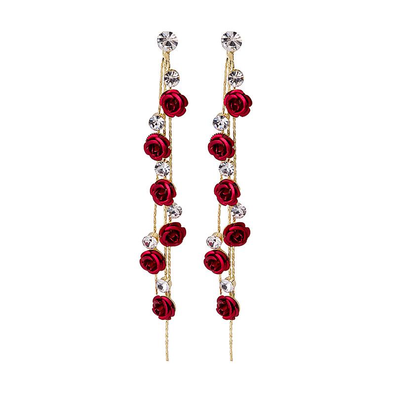 Elegant Korean Rose Tassel Earrings: 925 Sterling Silver, Studded with Diamonds