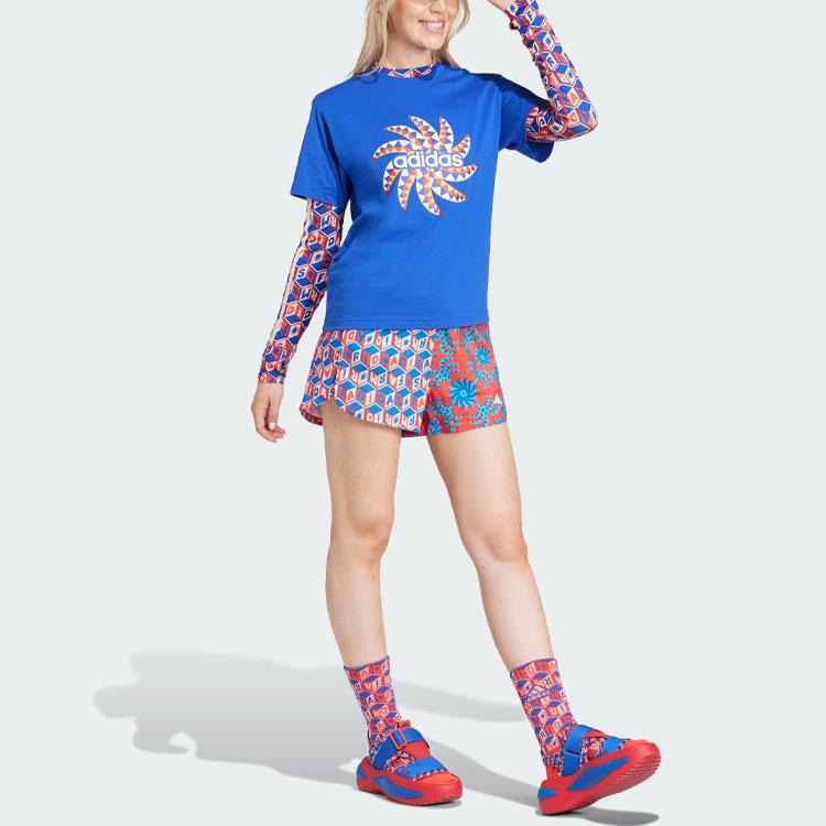 Adidas X Farm Rio Collaboration Letter Geometric Pattern Printed Round Neck Short Sleeve Drop Shoulder T-Shirt Women T-Shirt Blue IQ4485