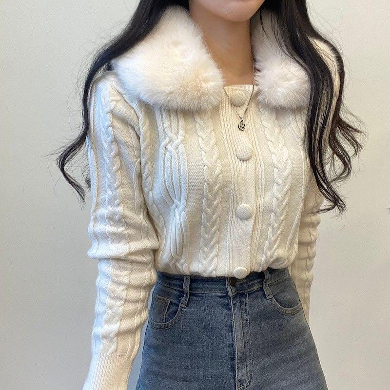 

Осенне-зимний вязаный кардиган, свитер 2023, женское модное пальто с меховым воротником, короткий топ, винтажные толстые укороченные свитера 29234 One Size абрикосовый