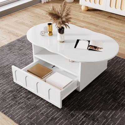 Coffee Table with Drawer Storage Compartments 2-Tiers Rounded Corner Smooth Surface Easy Assembly Cloud Shaped Coffee Table Home