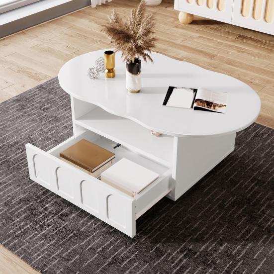 Coffee Table with Drawer Storage Compartments 2-Tiers Rounded Corner Smooth Surface Easy Assembly Cloud Shaped Coffee Table Home