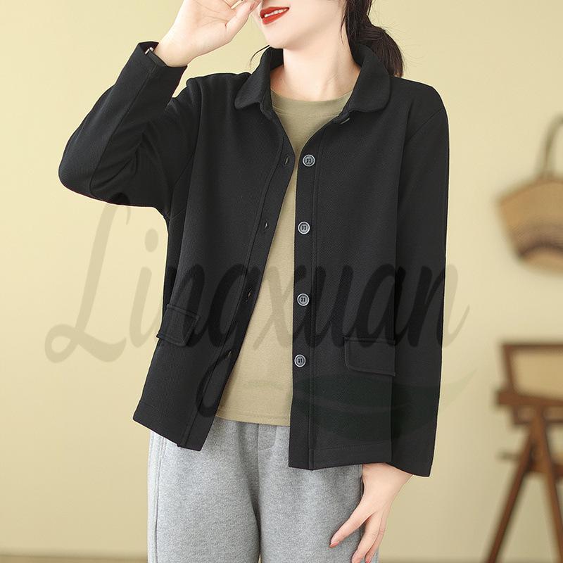Authentic Autumn Cotton Women s Retro Single-Breasted Commuter Jacket L чёрный