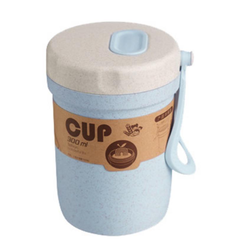 300ml Healthy Material Cup Soup Wheat Straw With Water Cover Portable Breakfast Microwave Lunch Box | Breakfast Boxes (Blue)