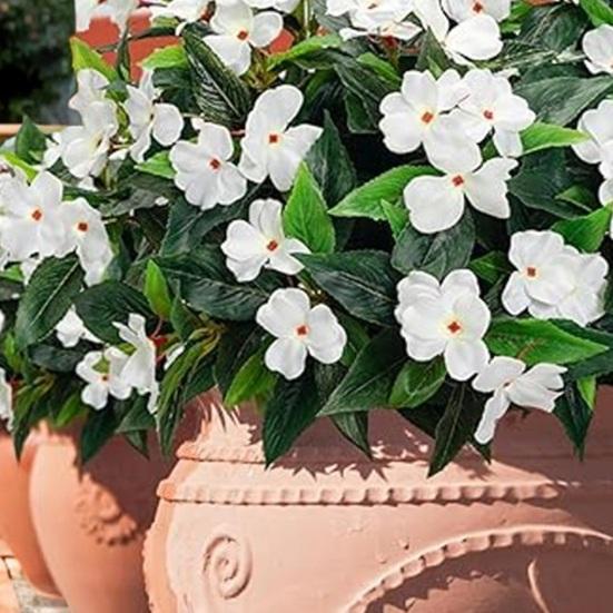 8 Bundles Artificial Impatiens Flowers for Outdoors UV Resistant Faux Impatiens Bushes Fake Silk Shrubs with Stake for Outside Front Porch Garden