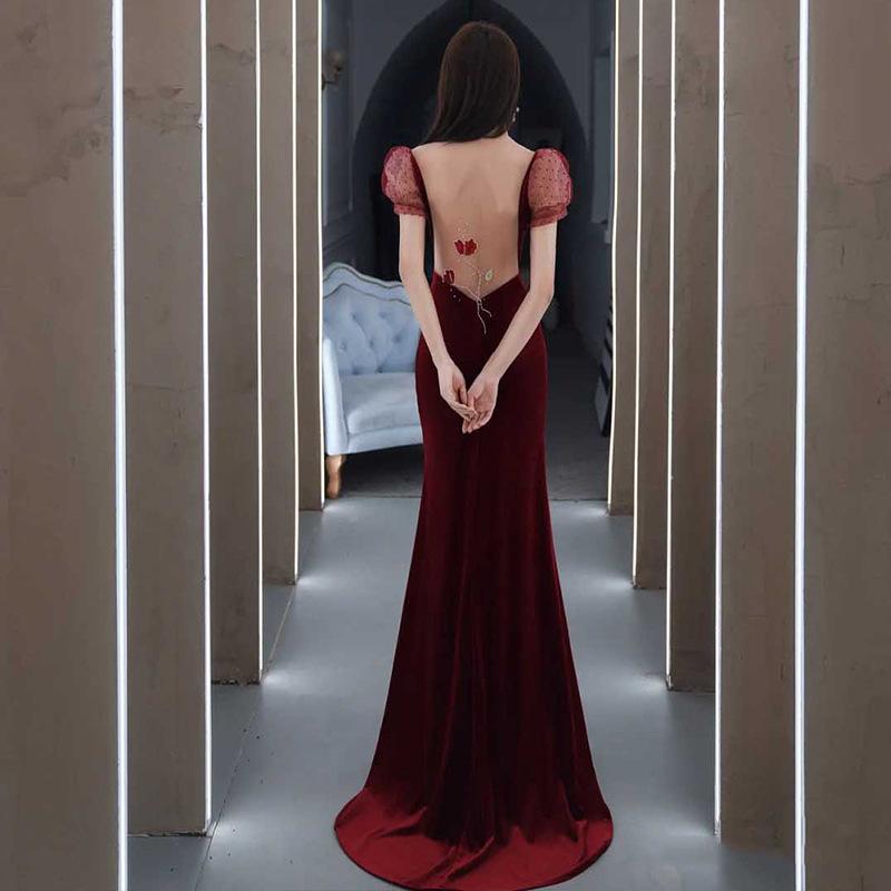 Fishtail Toast Bride 1011 New Summer Velvet Burgundy Wedding Sexy Evening Dress Dress Slim Temperament