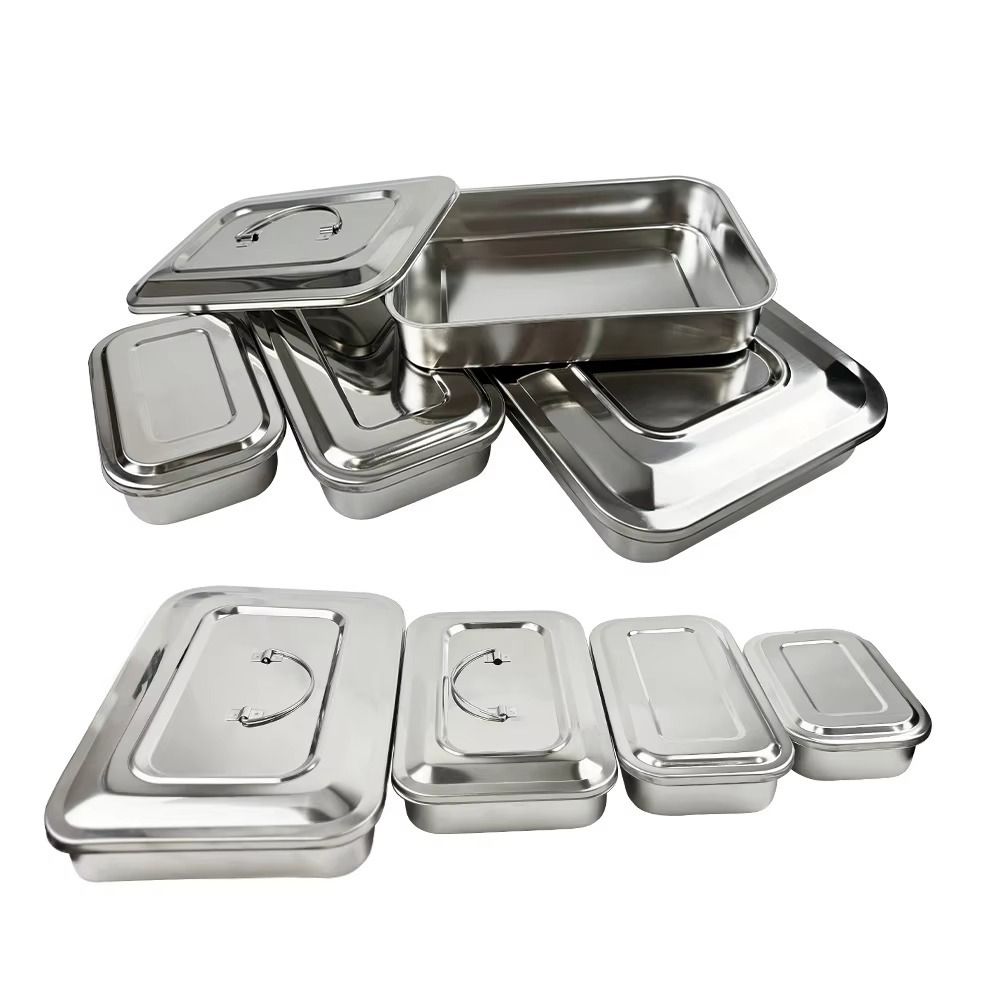 New Stainless Steel Dental Instruments Tray With Lid Silver Storage Box Rectangular Disinfection Box