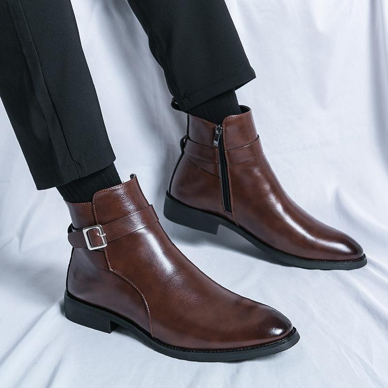 Large Size Chelsea Boots British High Top Leather Shoes Side Zipper Medium Top Martin Boots Gentleman