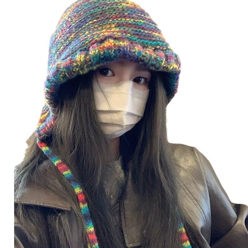 Rainbow Wool Knitted Hat, Warm Japanese Ear Protection Wool Hat, Autumn and Winter Korean Version Versatile