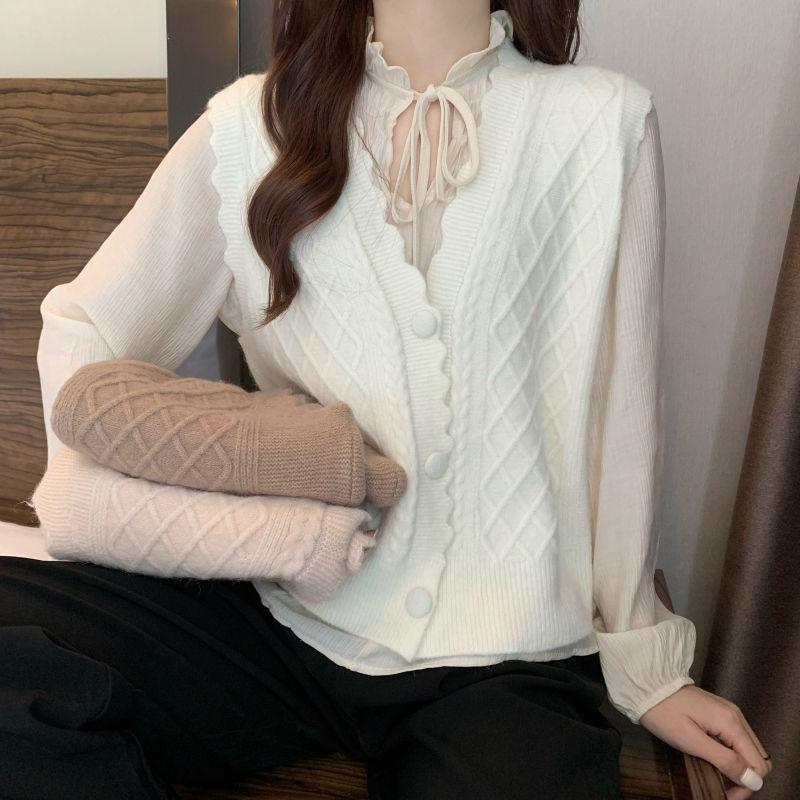 Damen Süßes Rautenmuster Gestrickte Weste Cardigan Mantel Einfarbig Spitze Pulloverweste Cardigan für Oberbekleidung