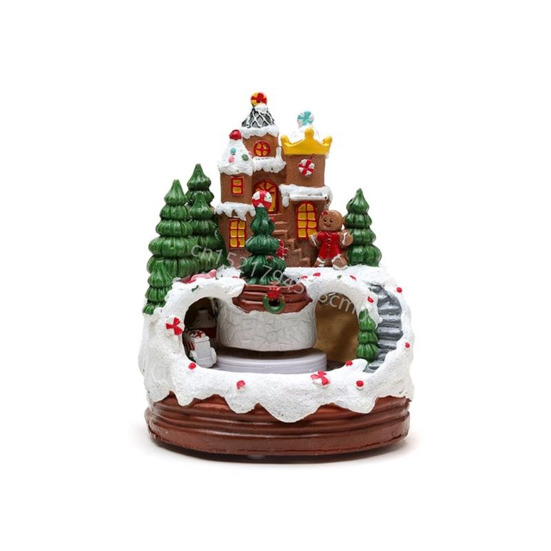 Lighted Musical Christmas Cabin Figurine Music Box with Train Home Decoration 6XDE
