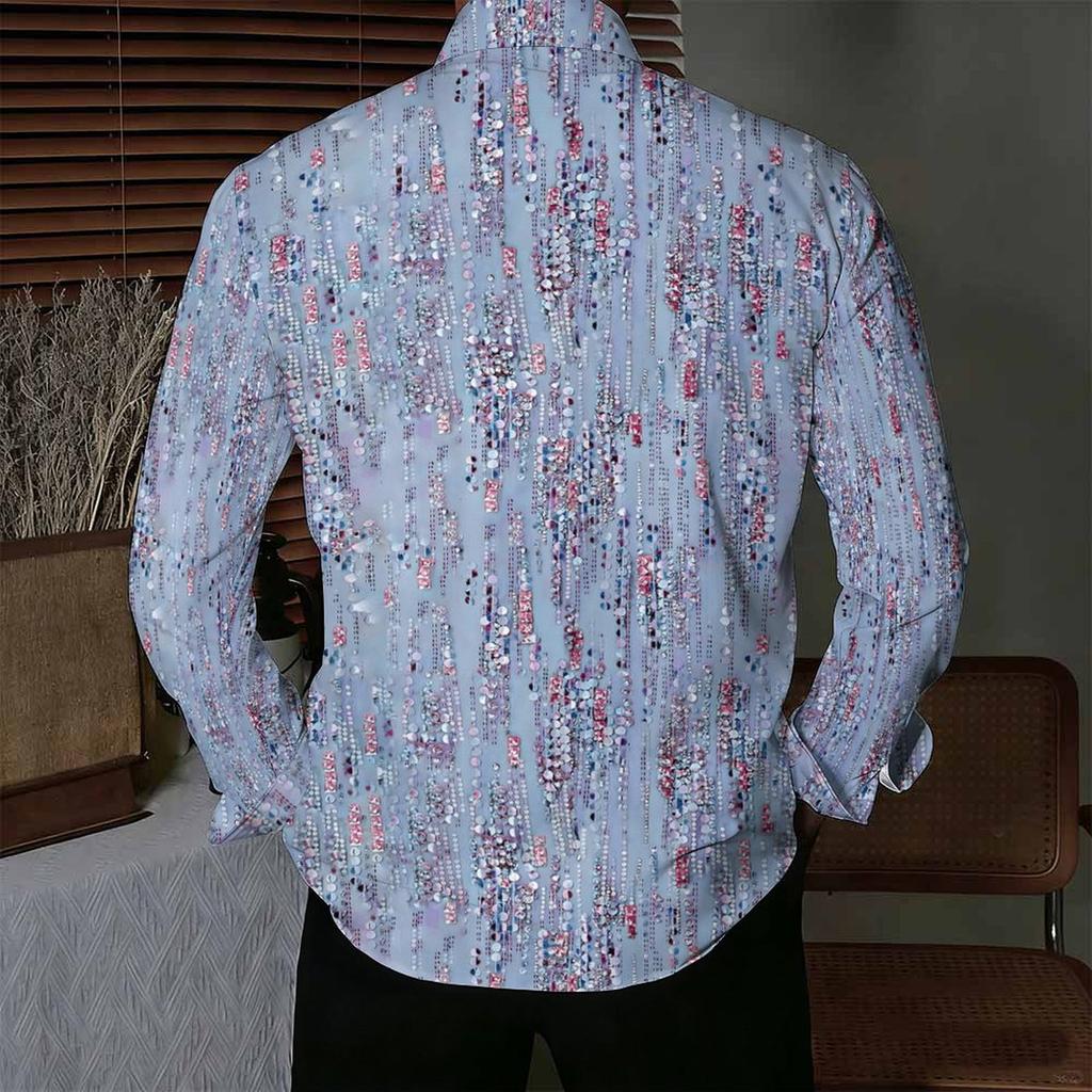 Men Collared Shirt Light Purple Wisteria Floral Print Long Sleeve Button Down Top