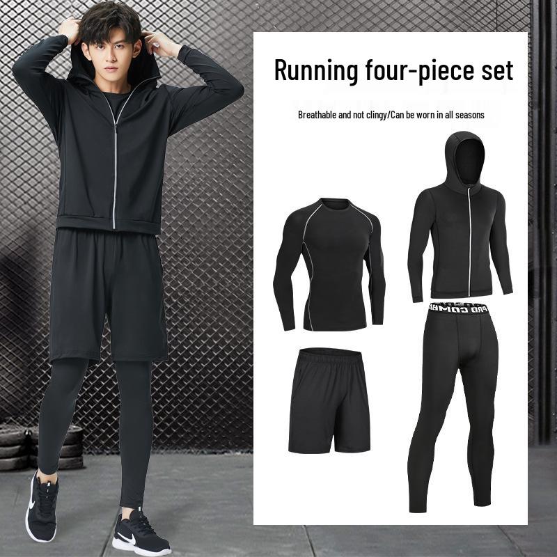 Pánské rychleschnoucí sportovní oblečení z ledového hedvábí s těsným střihem: Set s krátkým rukávem a pětibodovými kalhotami na letní fitness a běh