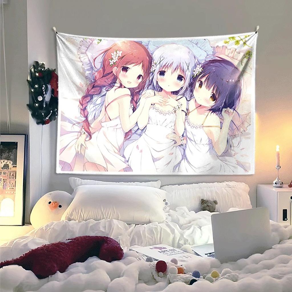 Kawaii Style Girl Hanging Cloth Cartoon Dormitory Bedroom Bedside Tapestry Wall Background Cloth Rental House Decorative Cloth