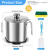 2/1.5L Oil Filter Fry Basket Oil Storage Can Pot Stainless Steel Oil Strainer Pot with Fine Mesh Strainer Grease Container Kitch