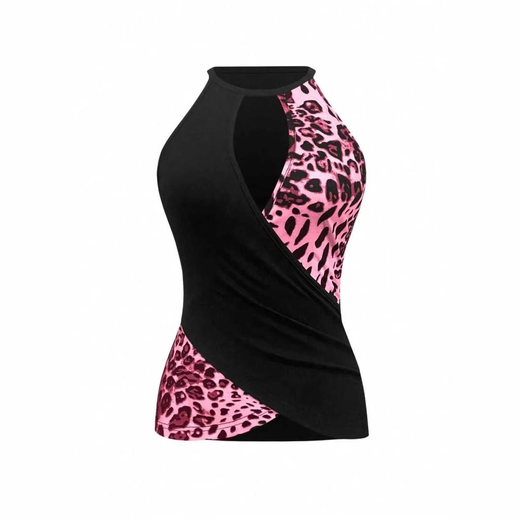 European and American style leopard print splicing neck vest for women, sexy hollow irregular hem slim top