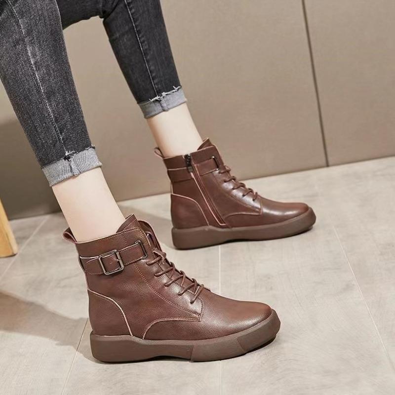 European and American Retro Short Sleeved Women's Boots  Autumn New Lace Up Belt Buckle Thick Sole Short Boots  Mujer