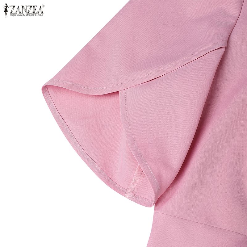 ZANZEA Women Casual Round Neck Bows Splice Half Sleeve Loose A-Line Dress