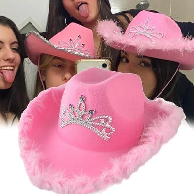 Western Cowboy Caps Pink Cowgirl Hat for Women Girl Tiara Cowgirl Hat Holiday Costume Party Hat Feather Edge Fedora Cap.