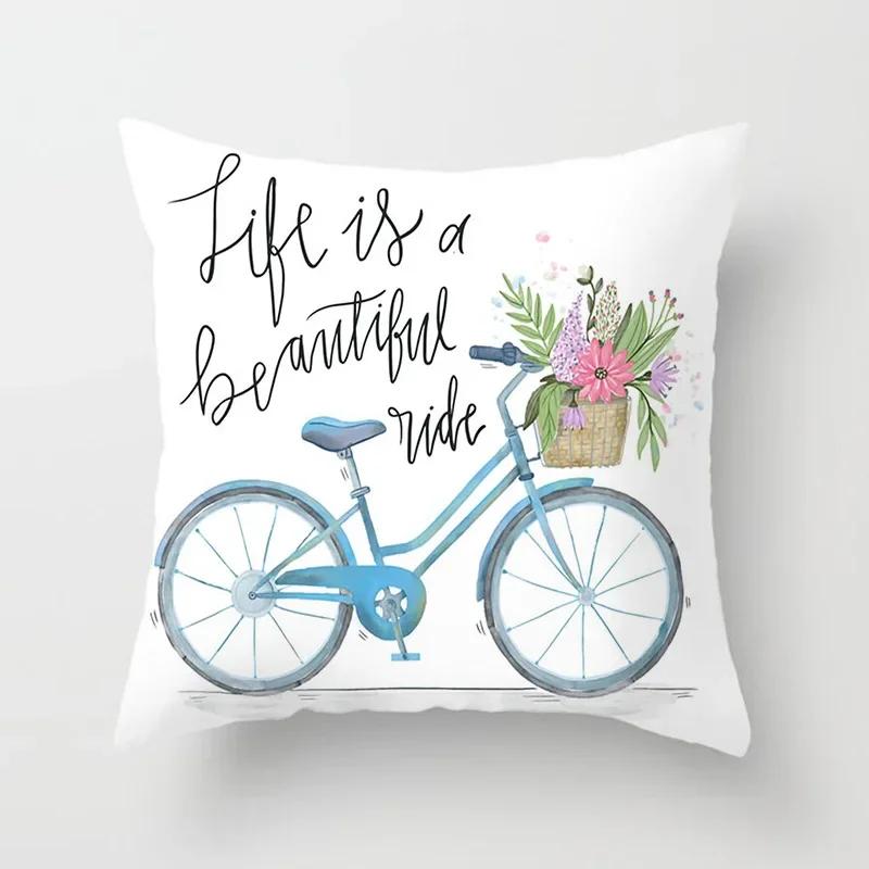 Kissenbezug für Wohnzimmer und Schlafzimmer, Polyester-Kissenbezug mit Blumen- und Fahrradmuster, Kissenbezug, Funda de Almohada