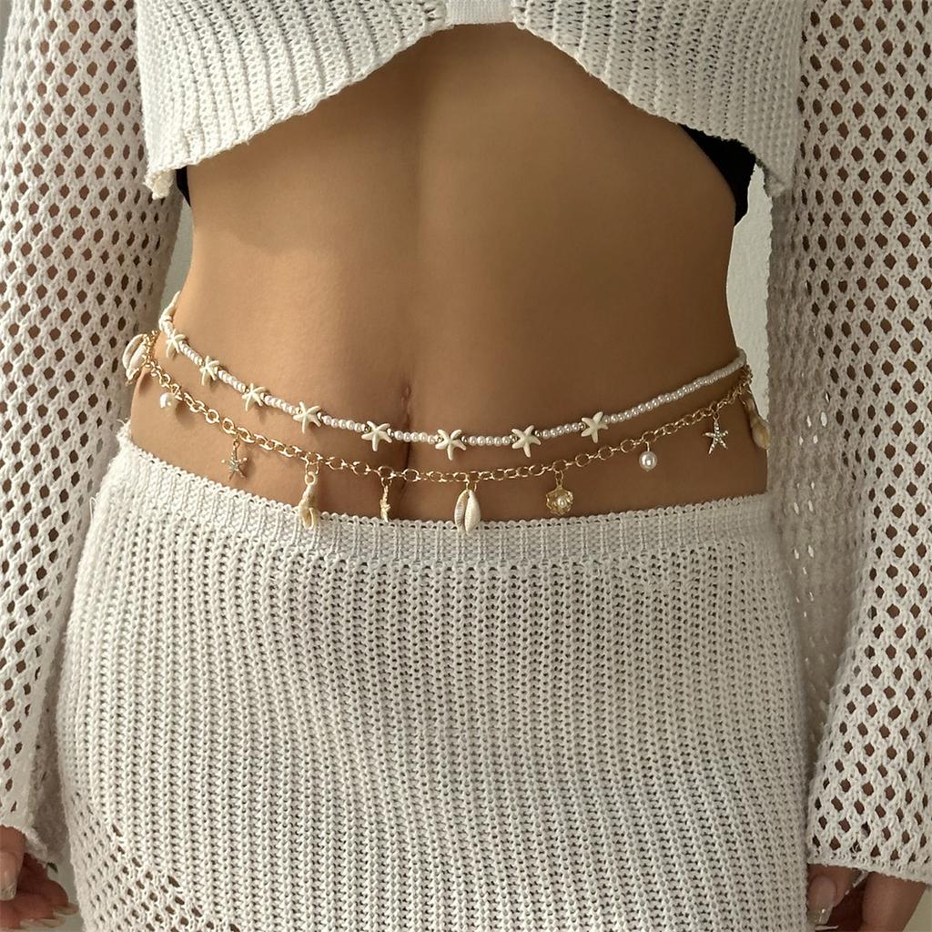 Resin Starfish Shell Pendant Waist Chain for Women Handmade Rice Beads Double Layer Belly Chain Summer Bohemia Body Jewelry