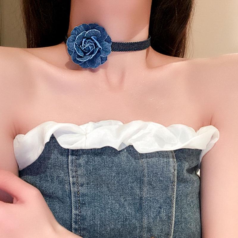Big Flower Chokers Necklace Vintage Flower Necklace Neck Chain Blue Wide Denim Neckband Statement Jewelry for Womens