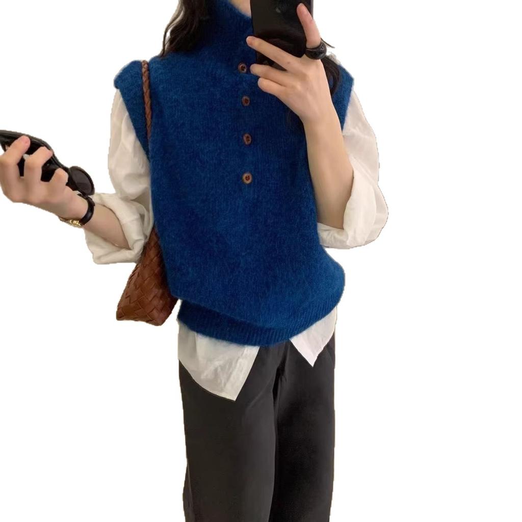 Korean style minimalist stand-collar sleeveless knit sweater for women, early spring new loose and simple button layering vest outerwear