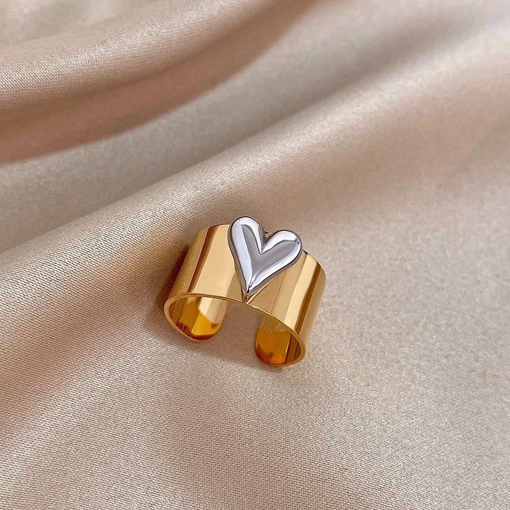 New Creativity Stainless Steel Heart Pattern Cuff Ring for Women Men Tide Wide Thick Personality Exaggerated Charm Party Zircon